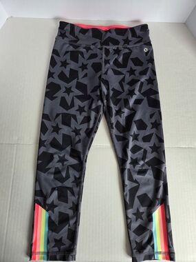 Girls' Black Star Print Active Leggings with Rainbow Accents